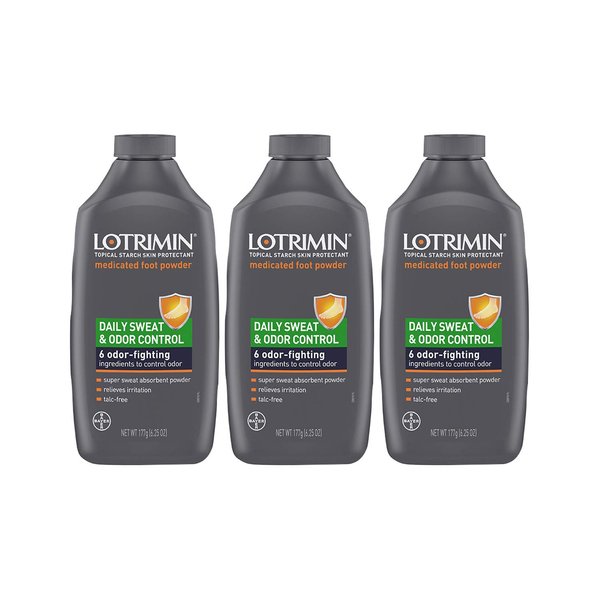 Lotrimin Daily Sweat & Odor Control Medicated Foot Powder, Topical Starch Skin Protectant, 6 odor-fighting Ingredients to control odor, 6.25 Ounce (177 Grams) Bottle (Pack of 3)
