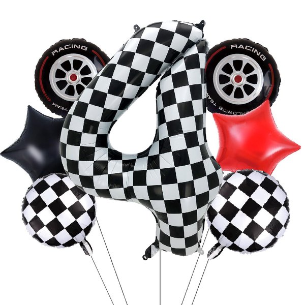 Eoopoon Race Car Balloons Party Decorations,42 Inch Black and White Checkered Number Balloon 4, 4th Race Car Birthday Party Supplies, Race Car Balloon Theme Party Decor Supplies 7Pcs(Checkered set 4)