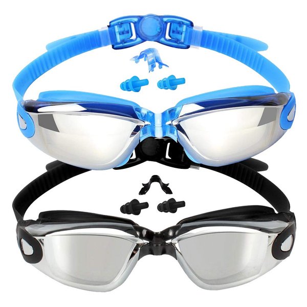 EverSport Kids Swim Goggles, Pack of 2 Swimming Goggles for Children Teens, Anti-Fog Anti-UV Youth Swim Glasses Leak Proof for Age4-16, Mirrored Blue & Black, Portable