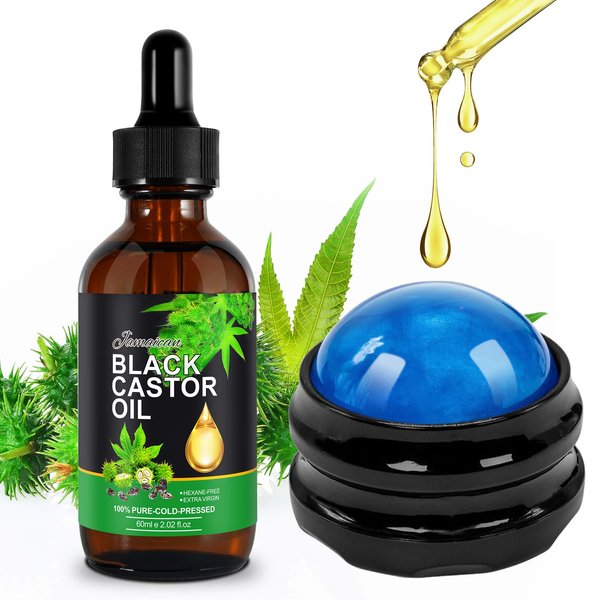 Jamaican Black Castor Oil,Body Massage Castor Oil for Relaxation,Cold-Pressed Castor Oil to Support Fuller-Looking, Skin Care Organic Castor Oil Massage Roller Ball 60ml