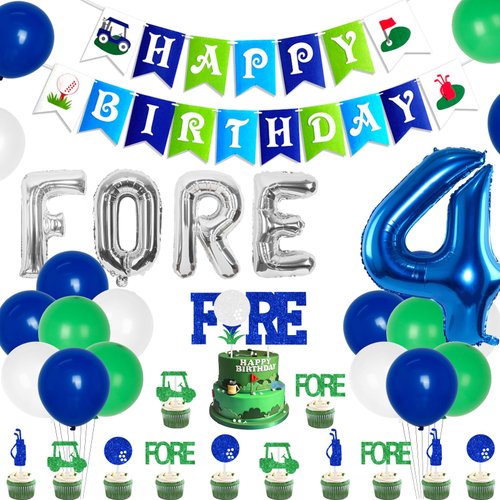 kreat4joy Golf 4th Birthday Party Decorations, 4th Birthday Decorations for Boys Fore Balloons Happy Birthday Banner Fore Glitter Cake Topper Cupcake Topper for Boy Sports Birthday Party Decorations
