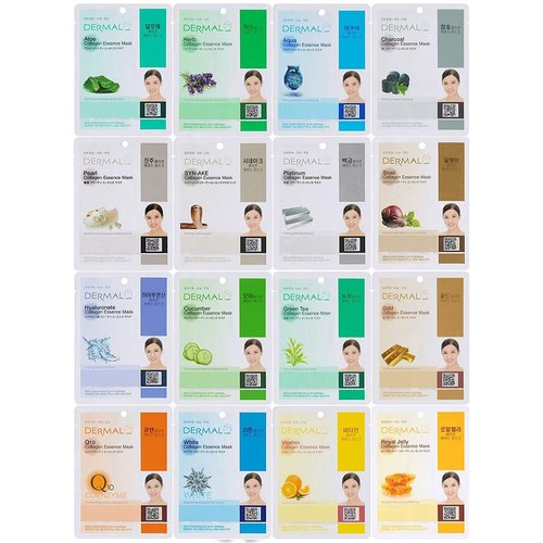 DERMAL 16 Combo Pack A Collagen Essencce Korean Face Mask - Hydrating & Soothing Facial Mask with Panthenol - Hypoallergenic Self Care Sheet Mask for All Skin Types - Natural Home Spa Treatment Masks