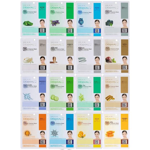 DERMAL 16 Combo Pack A Collagen Essencce Korean Face Mask - Hydrating & Soothing Facial Mask with Panthenol - Hypoallergenic Self Care Sheet Mask for All Skin Types - Natural Home Spa Treatment Masks