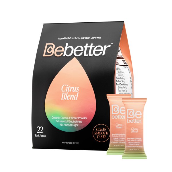 Bebetter Premium Electrolytes Powder Packets | Daily Electrolyte Drink Mix | No Artificial Flavors | Organic Coconut Water | Zero Added Sugar | Hydration Packets | Non-GMO | 22 Sticks (Citrus Blend)