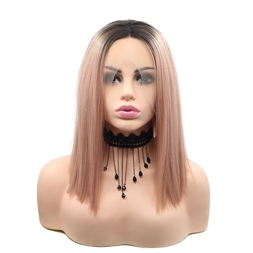 Melody 14" Pink Ombre Short Straight Synthetic Lace Front Wigs With Dark Roots Peach Pink Bob Hairstyle Heat Resistant Fiber for Women