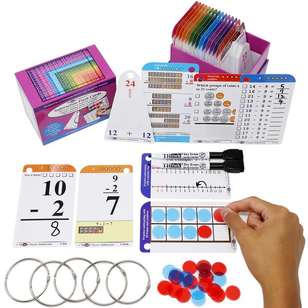 Think2Master Subtraction Flash Cards. Learn to Add & Subtract by Counting, Writing, Understanding & Memorizing. 260 Laminated Cards, 39 Triangle Cards, 2 Dry Erase Markers, 5 Rings & 30 Counters