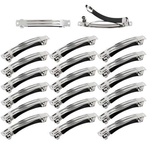 Cinaci 20 Pack 8cm/3" Simple Plain Blank DIY Caft Silver Metal French Hair Barrettes with Black Leather Cover Snap Hair Clips Clasps for Women Girls Teens Hair Accessories (3 Inch)