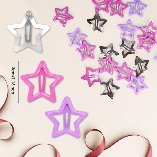 YASPOK 24 PCS Star Hair Clips for Girls,Hairpins Cute Colorful Snap Clips,Non-slip Hair Barrettes Silver Metal Colorful Cute Hairpins Hair,Y2k Hair Accessories for Women,Pink, purple, silver