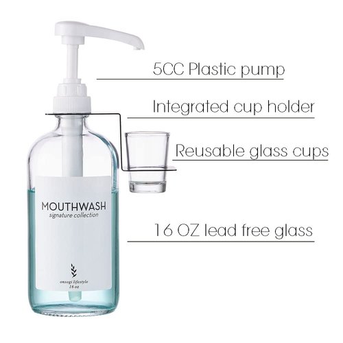 Onsogi Glass Mouthwash Dispenser with Cups Holders and Pumps, 16 Oz Rustic Boho Mouthwash Dispenser for Bathroom Farmhouse Decor - 2 Pack