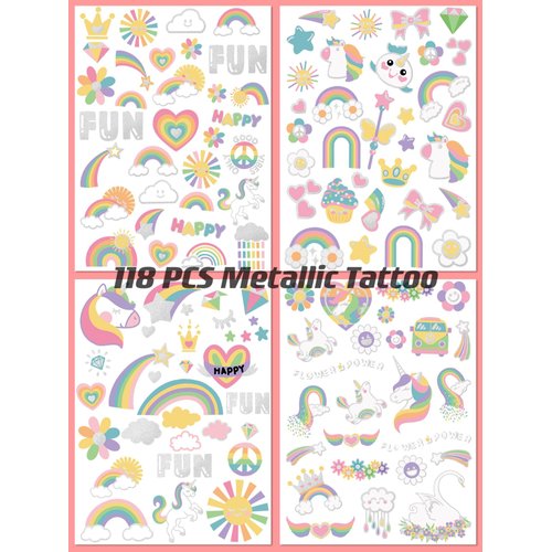 118 PCS Rainbow Unicorn Temporary Tattoo Kids, Pride Tattoo Groovy Glitter Crown Fake Tattoo for Girls’ Party Supplies Kids' Birthday Supplies, Waterproof Tattoo Sticker for 6 7 8 9 10 years old