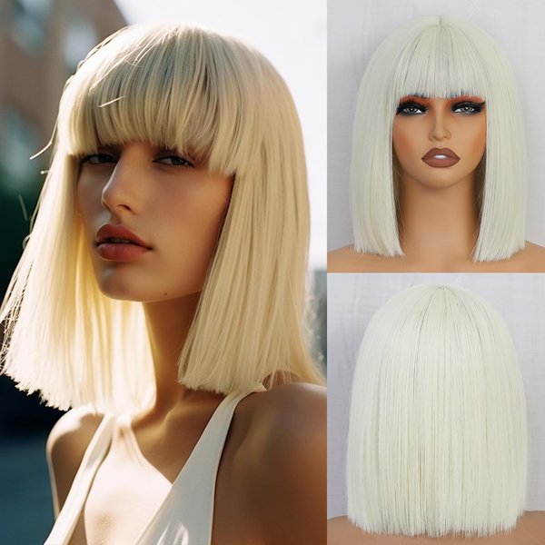 Amarlis Blonde Bob Wigs for Women, 12 Inch Platinum Blonde Bob Wig with Bangs Silky Soft Synthetic Fibers Wigs Hair for Cosplay Daily Party(12 Inch, Platinum Blonde)