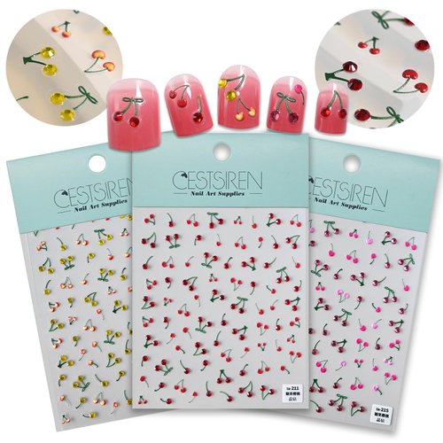 CESTSIREN 3 Sheets Cherry Nail Art Stickers 5D Rhinestone Nail Decals for Nail Art Design Summer Nail Accessories for Women Nail Art Supplies