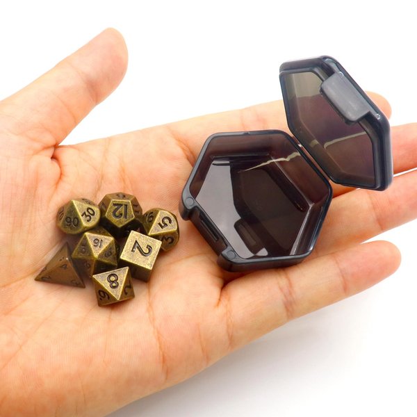 Haxtec 10mm Mini Metal Dice Set Small Metal DND Dice Set with Hexagon Pocket Dice Case Portable Antique Iron Metal Mini Dice for Dungeons and Dragons DND Gift for Him/Her Stocking Stuffers