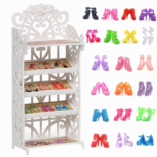 DoubleWood 1 Doll Shoes Rack + 20 Pairs Doll Shoes Replacement Playset Accessories Different Assorted Colors High Heel Boots Sandals Doll Shoes Set for 11.5 Inch Girl Doll