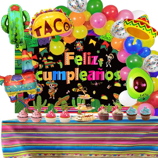 Mexican Themed Party Decorations Fiesta Party Supplies Balloons Garland Arch Kit Feliz Cumpleanos Backdrop Tablecloth Cinco De Mayo Taco Cactus Avocado Llama Sombrero Mexican Theme Birthday Party