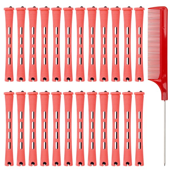 60PCS Hair Perm Rods Set Coolrunner Cold Wave Curlers Perming Rods Plastic Curler Perm Rods with Steel Pintail Comb, DIY Hair Curler Styling Tools for Hairdressing Hair (0.9cm, Blue) (0.9CM) (Red)