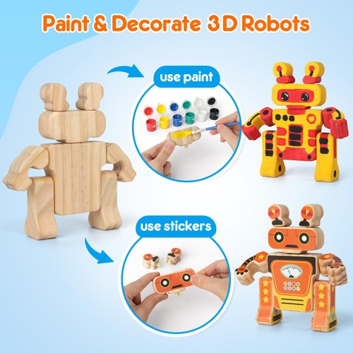 Mocoosy 4 Wooden Robot Toys for Kids Ages 3-5, Building & Painting Your Own Robot Craft Kit with Paints and Stickers, Wood Robot Painting Art Supplies Educational Gift for 6 8 10 12 Years Old