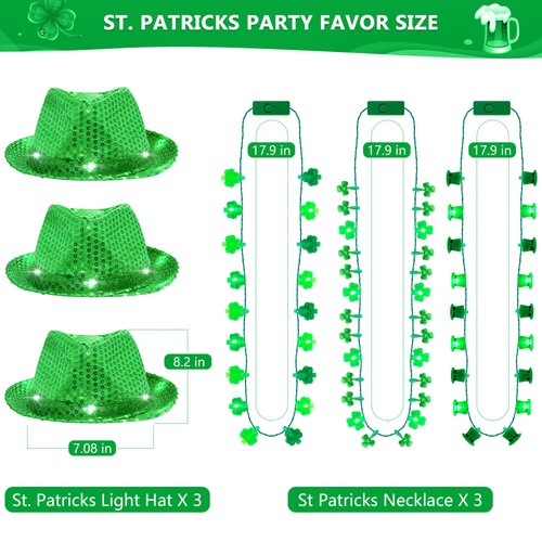St Patricks Day Accessories, 6 Pack Light up St. Patrick's Day Hat Necklace, Green Saint Patricks Hat Necklace for Adults, Glow Fancy Cap 3D Shamrock Necklace, Flashing St Patricks Parade Party Favors
