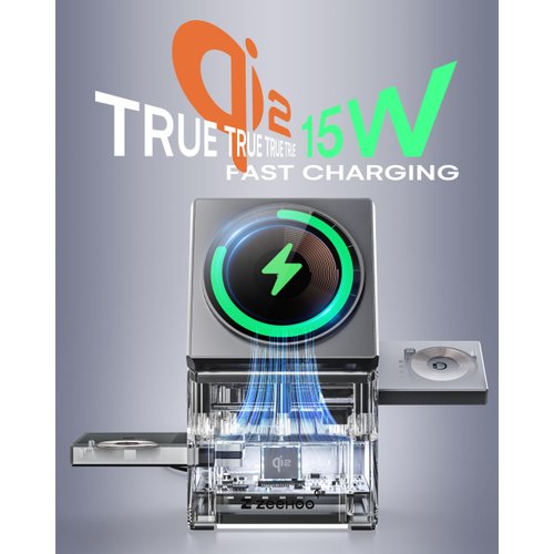 ZEEHOO 3 in 1 Charging Station for Apple MagSafe Charger, CubeTrick-X Qi2 15W Fast Wireless Charger Stand for Apple Watch, for iPhone 16,15,14,13,12 Series, AirPods (Metal Gray)