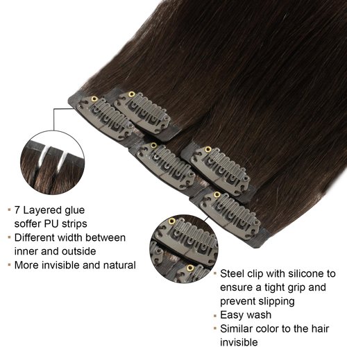 FUBILI Clip in Hair Extensions Dark Brown Real Human Hair Invisible Pu Remy Seamless Clip ins Hair Extensions 30g long Straight Human Hair Extensions 22inch 5Pcs