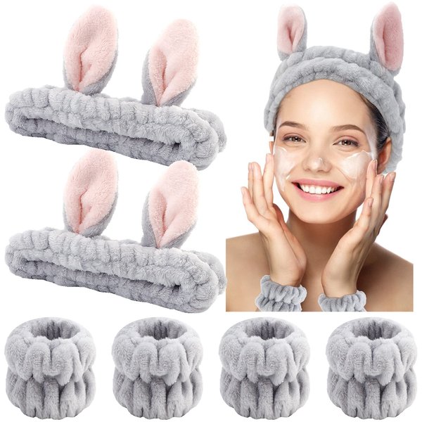 YISSION 6Pcs Face Wash Headbands and Wristbands Set Bunny Ears Headbands Spa Headband Makeup Headband Skincare Headbands with Wristbands for Women Girls Washing Face(Gray)