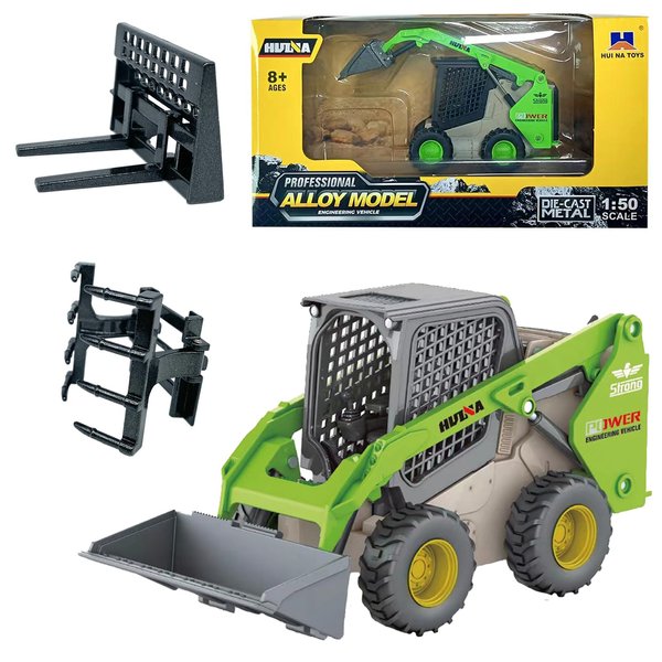 Gemini & Genius Construction Truck 3 in 1 Skid Steer Loader with Metal Forklift and Grab Shovel Construction Vehicle 1/50 Scale Alloy Wheeled Loader Toys for Kids(Wheeled/Green)