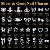 UOTEY 105 Pcs Silver+Gold Nail Gems Charms, 3D Heart Crown Dollar Nail Diamond Charms wtih Rhinestones+Mixed Butterfly Alloy Nail Charms Bow Heart Star Charms for Nail Art DIY Accessories