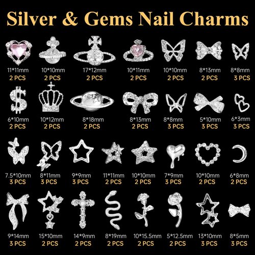 UOTEY 105 Pcs Silver+Gold Nail Gems Charms, 3D Heart Crown Dollar Nail Diamond Charms wtih Rhinestones+Mixed Butterfly Alloy Nail Charms Bow Heart Star Charms for Nail Art DIY Accessories