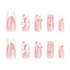 ROFIBUT Pink Press on Nails Medium Long Coffin Square Fake Nails Glossy White French Tip Glue on Nails with 3D Pink Flower Bow Charms Cute Ballet Full Cover False Nails for Women Girls Manicure 24Pcs