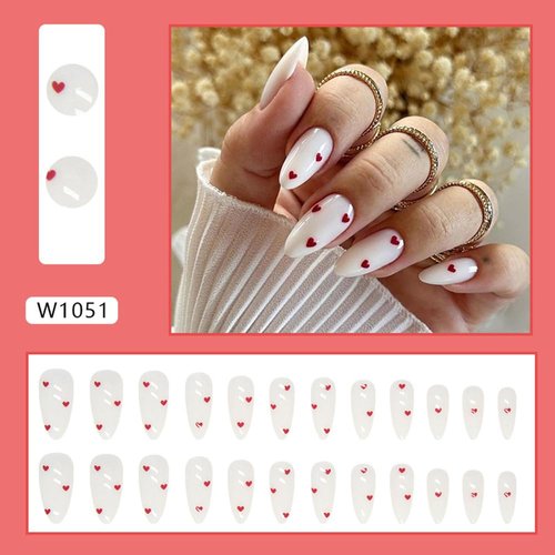 24Pcs Valentine's Day Milky White Press on Nails Medium Almond Fake Nails with Red Heart Design False Nails Valentines Day Cute Acrylic Stick Glue on Nails for Women Girlfriend Gift