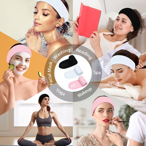 Pejnl 3 Pack Facial Spa Headband for Women - Adjustable, Non-Slip Terry Cloth Hair Band for Washing Face, Makeup, and Shower - Soft and Stretchable Hair Wrap
