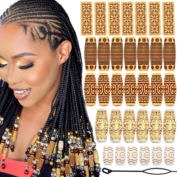 VENOFEN 36PCS Hair Beads for Braids Wooden Beads for Hair Dreadlock Loc Jewelry Long Tube Beads for Hair Multi Style Wood Beads Hair Decoration Braid Accessories for Women and Men