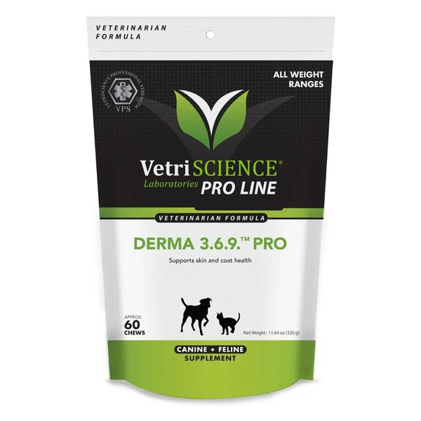 VETRISCIENCE Derma 3.6.9 Pro - Dog & Cat Skin Barrier Support Supplement - Aids Skin Hydration & Health - Supports Healthy Shedding for Cats & Dogs - Supplement Supports Healthy Coat - 60 Chews