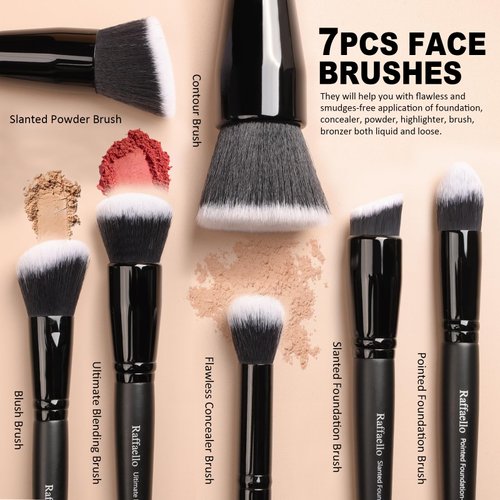 Raffaello Makeup Brushes 15Pcs Makeup Brush Set Premium Synthetic Powder Foundation Contour Blush Concealer Eye Shadow Blending Liner Make Up Brush Kit