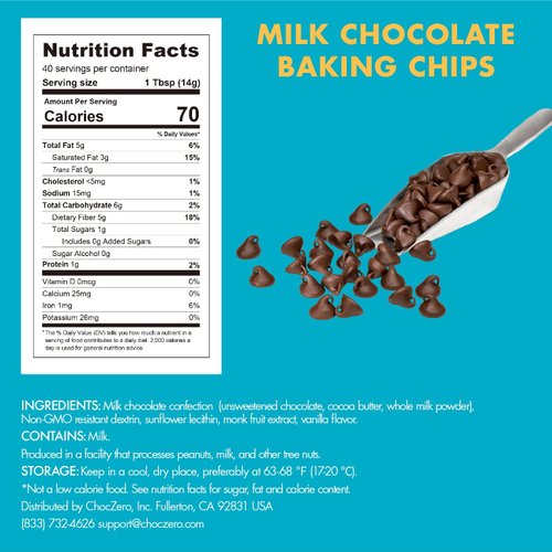 ChocZero Milk Chocolate Chips - No Sugar Added, Low Carb, Keto Friendly, Gluten Free - 20 Ounce Bulk Bag for Baking Keto Diet Cookies and Dessert