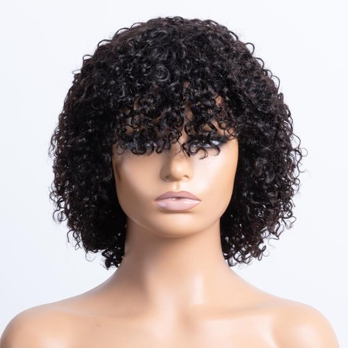 Mjiokii Bob Wigs Human Hair 180% Density Glueless Jerry Curly Short Bob Wig Human Hair None Lace Front Wigs With Bangs Machine Made Bob Wigs Human Hair 12 inch Black Wig