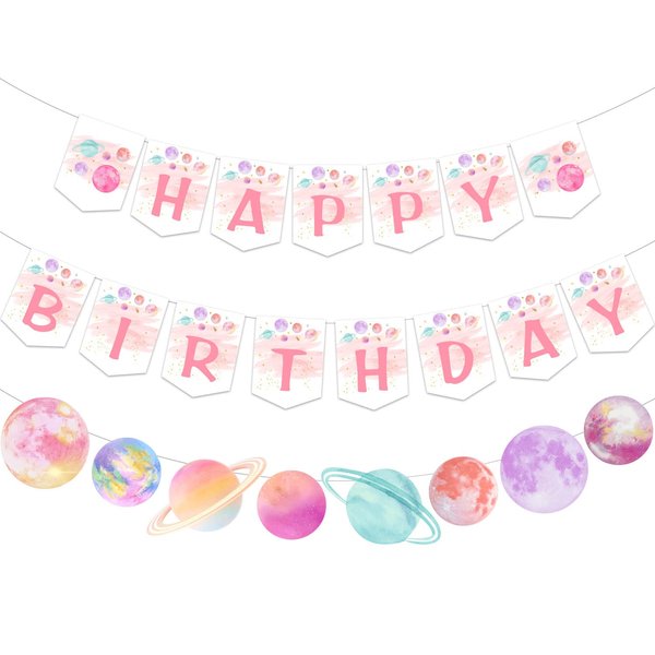Fangleland Outer Space Theme Birthday Banner Garland for Girl, First Trip Around the Sun Two the Moon Galaxy 1st 2nd 3rd Party Decorations Supplies