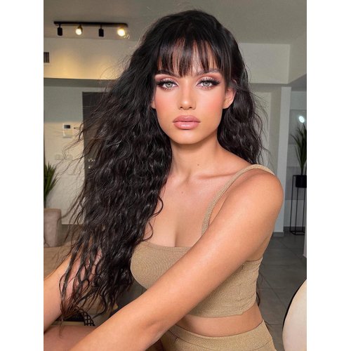 Nnzes Black Wigs With Bangs Long Curly Wig for Women Natural Black Synthetic Heat Resistant Curly Wig Hair Replacement Wigs for Girls Daily Party Use 26 Inches