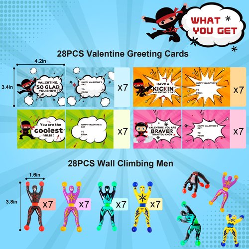 28 Packs Valentines Day Cards for Kids with Sticky Wall Climbing Men Ninja Set for Classroom,Valentine's Gifts Exchange For School, Valentine's Party Favors for Kids, Valentine's Prizes for Boys Girls