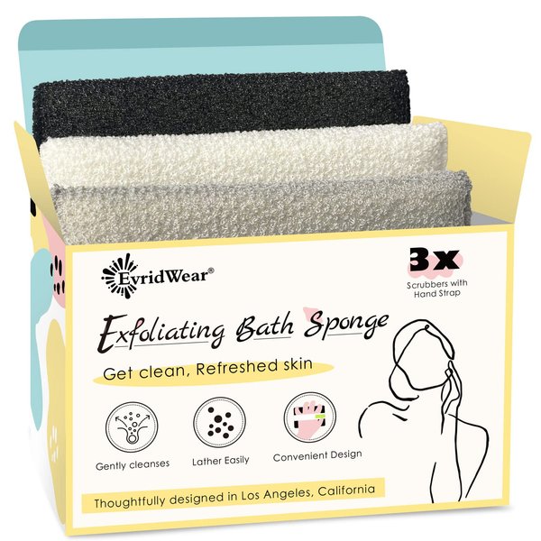 Evridwear Exfoliating Bath Sponge, Daily Skincare Body Scrubbers Loofah Shower Pads with Strap for Body Cleansing, Dead Skin Cell Remover, 3 Count Value Pack(Classical)