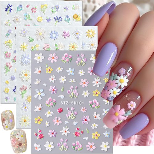 5D Embossed Flower Nail Art Stickers Decals Summer Daisy Nail Stickers 3D Self-Adhesive Colorful Floral Nail Art Supplies Cute Nail Design Nail Decals for Women Girls DIY Acrylic Nail Decoration 3Pcs