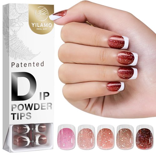 YILAMO French Tip Short Press on Nails Square, 300 Pcs Pre-design Short Dip Powder Fake Nails, 5 Colors Glitter Nail Press on - 15 Sizes Gel Nail Tips for Nail Art DIY