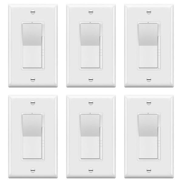 TOPGREENER Kalide Dimmer Light Switch, LED Dimmer Switch, Full Range Dimming, Single Pole/3-Way, 120VAC, 60Hz, 300W LED/CFL, Neutral Wire Not Required, Wall Plate Included, White, 6 Pack