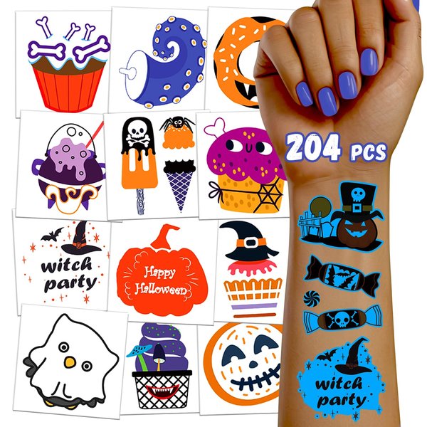 TatoYard 204 Sheets Halloween Bulk Glows Temporary Tattoos, Individual Fake Glows Tattoos Stickers for Kids, Long Lasting Waterproof Cute Tiny Tattoos for Halloween Party Favors Decorations (Blue)
