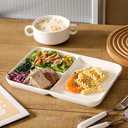 AIYoo White Porcelain Dinner Plates Portion Control Balanced Meal Building Divided Plate for Adults Rectangular Snack Plate -1 PCS 8.0 Inch