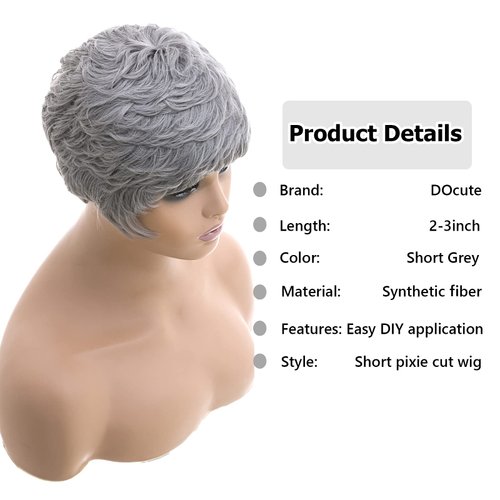DOcute Short Grey Pixie Cut Wigs for Black Women Grey Pixie Wigs for Black Women Grey Pixie Cut Short Black Wavy Layered Wigs Grey Wavy Wigs Short Wigs Pixie Cut Wigs for Black Women (Short Grey)