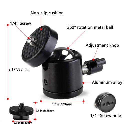 Universal 1/4" Swivel Mini Ball Head Screw Tripod Mount with Hot Shoe（2 Pack）, Eszkozta 360 Degree Rotating Mount Base Adapter for DSLR Cameras HTC Vive Tripods Monopods Camcorder Light Stand…