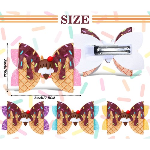 Whaline 4Pcs Ice Cream Glitter Bow Hair Clips Chocolate Hair Bow Barrette Summer Colorful Leather Hairgrips Sparkly Alligator Hair Clips for Girls Women Hair Accessories Birthday Party Supplies