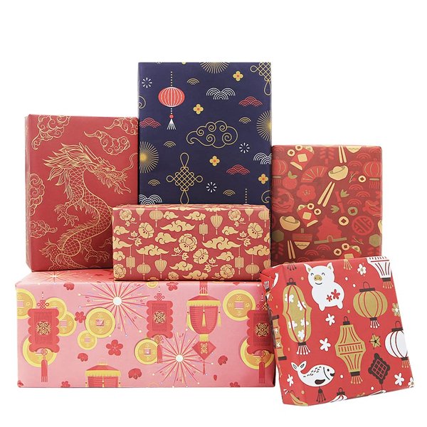 Chinese New Year Gifts Wrapping paper,Valentines Day Happy Birthday Red Wrapping Paper, 20x28" Per sheet(6 sheets:23 sq.ft.ttl.) for Chinese Lunar New Year 2022 Spring Festival Wedding Baby Shower