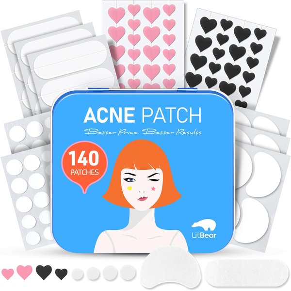LitBear Acne Pimple Patches, 8 Sizes 140 Patches & Storage Box Hydrocolloid Acne Patches with Tea Tree Oil & Cenrella, XL Pimple Patches for Face, Chin, Nose, Back, Cute Heart Pimple Stickers